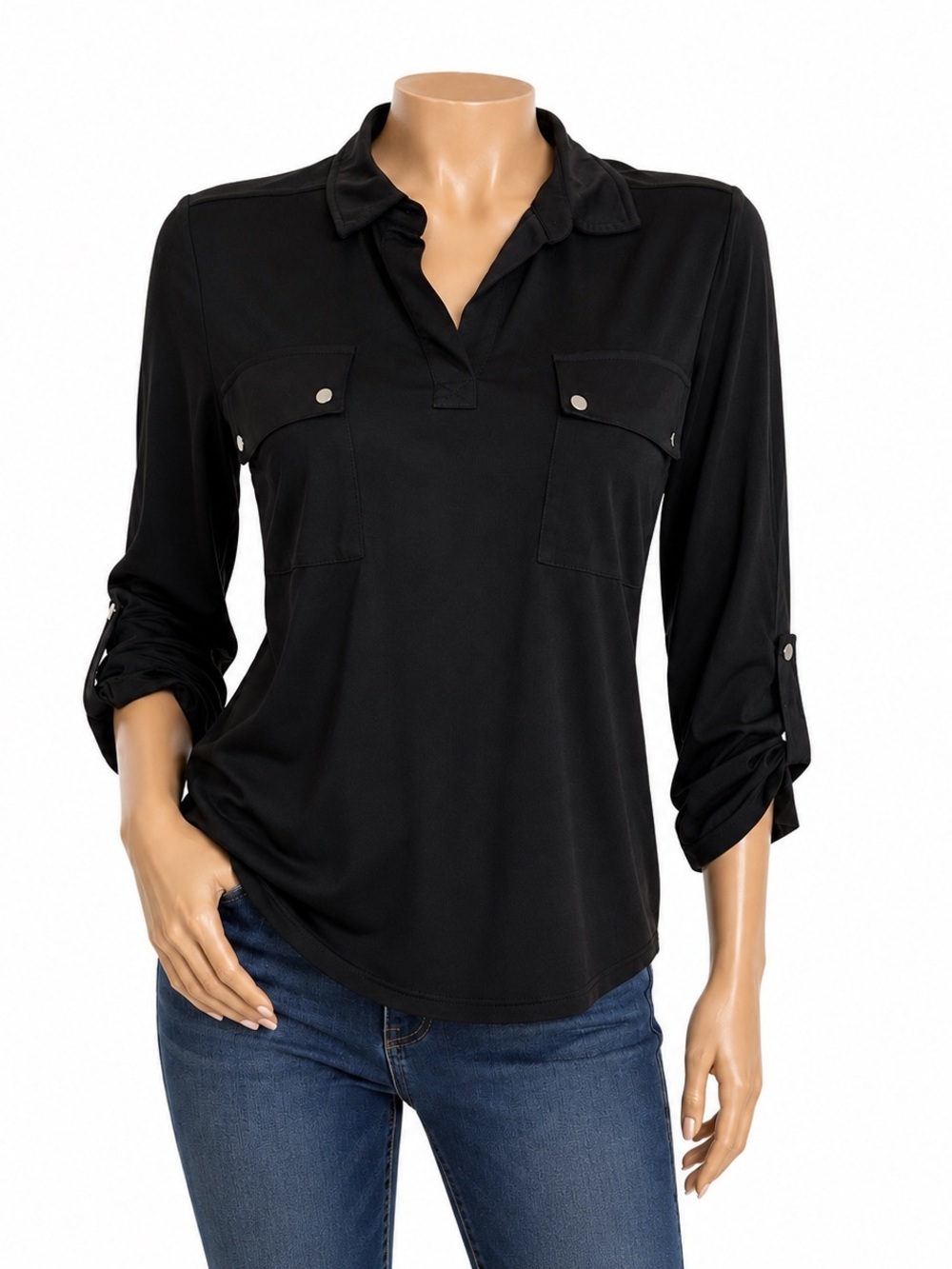 Jones New York Black Roll Tab Sleeve Blouse | Stretch Office Chic Top S
